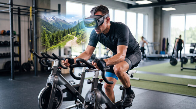 Athlete Training Virtual Marathon VR Exercise Bike Gym