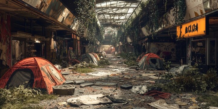 Abandoned shopping mall overgrown with plants, littered with debris and tents, broken ceiling panels allow sunlight inside. Generative by AI.