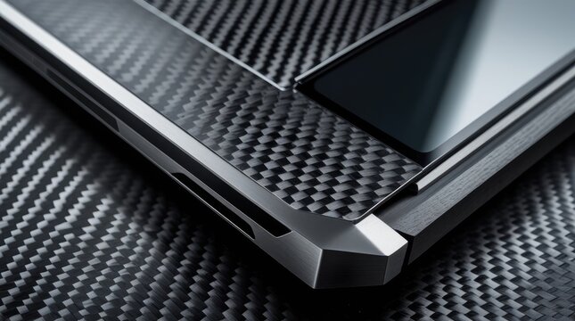 A close up shot of a sleek modern laptop with a premium carbon fiber body texture coating. High tech carbon fiber device chassis design layout. Graphic resources.
