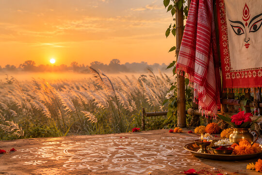 A serene Bengali autumn morning view featuring traditional kash grass fields, a glowing golden sunrise, a floor alpana design, and auspicious ritual offerings during a festive dawn.