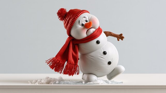 Wide shot of wind-up toy snowman, shelf, ice patch trying to walk but slipping on a tiny patch of ice, looking frustrated. funny winter scene.