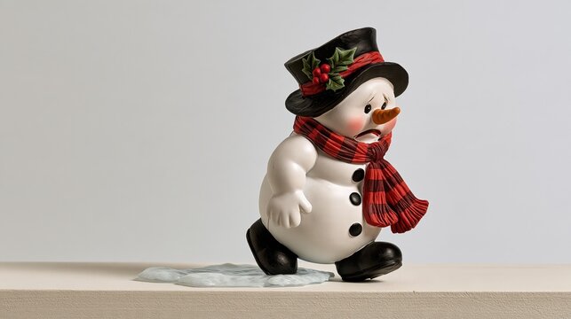 Angled view of wind-up toy snowman, shelf, ice patch trying to walk but slipping on a tiny patch of ice, looking frustrated. funny winter scene.
