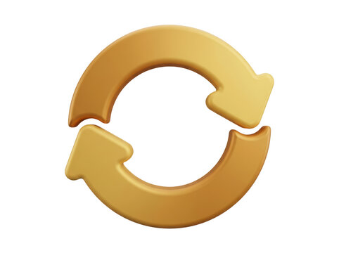 3D golden circular arrows forming a continuous loop isolated on transparent background