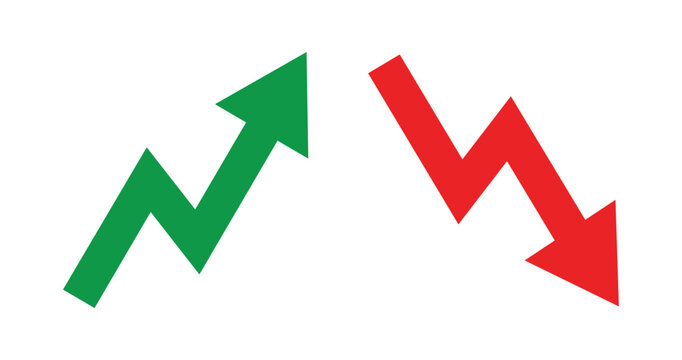 Upward and Downward Trend Arrows. A graphic representation of financial or market trends, with a green arrow pointing up and a red arrow pointing down, illustrating growth and decline.