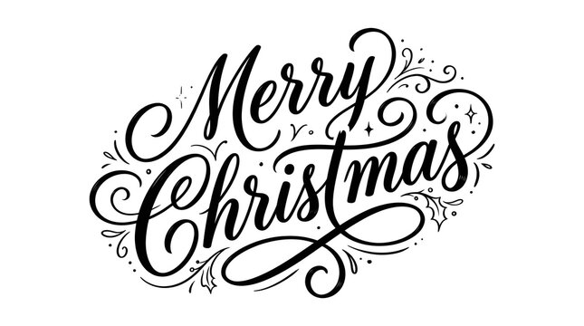 Elegant black calligraphy lettering spells out merry christmas with flourishes and decorative swirls on a white background handwritten script typography