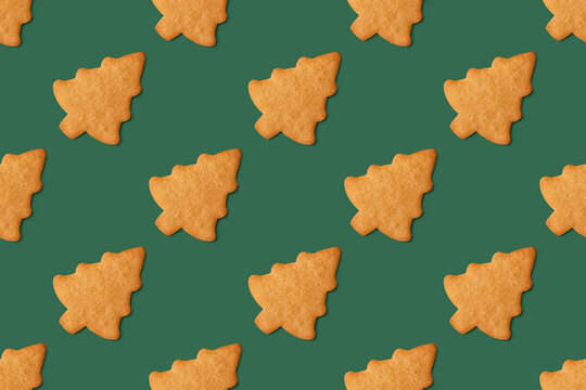 Gingerbread Christmas Tree Cookie  on Green Background