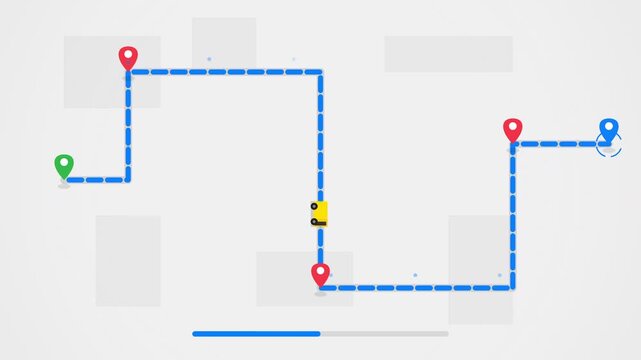Animated route with a yellow vehicle driving along a dashed blue path between destination pins