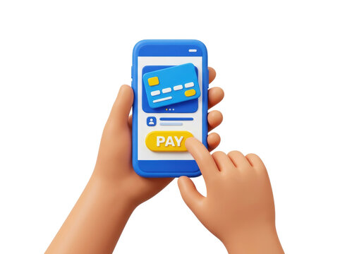 3D illustration of hands holding smartphone with payment interface showing credit card and pay button isolated on transparent background