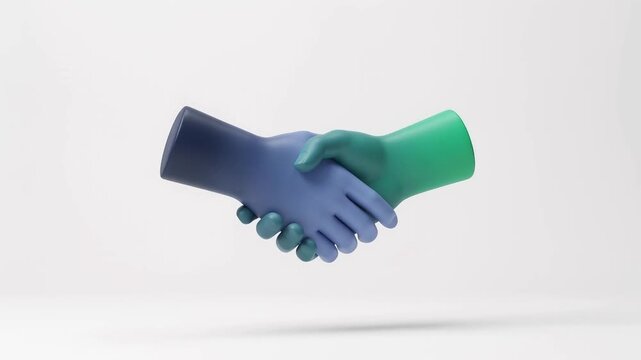 3D animated minimalist blue and green stylized hands coming together from opposite sides to form a solid handshake on a clean white background representing business partnership agreement and