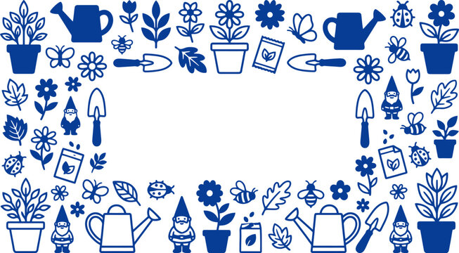 Decorative border frame pattern featuring blue gardening icons on a white background