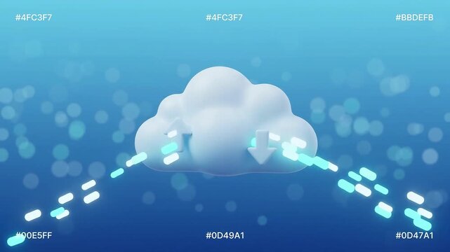 3D animated minimalist white cloud with uploading and downloading arrows on a clean blue background representing cloud computing and data transfer