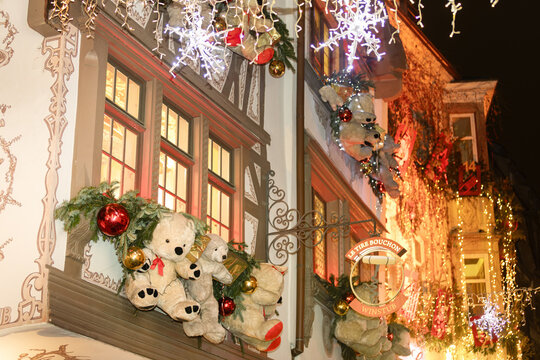 Strasbourg, France - December 24th, 2025: Famous Teddy Bear House decorated with giant Christmas teddy bears, festive lights and New Year ornaments at Le Tire-Bouchon restaurant in Alsace