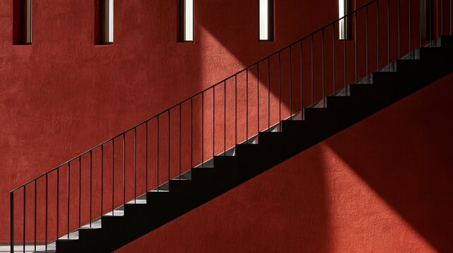A modern black staircase rises alongside a textured burgundy wall beneath narrow vertical windows, blending contemporary minimalism with subtle gothic proportions and autumn-inspired color