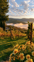 Naklejka premium a serene countryside scene during golden hour. The main subject is a vineyard with rows of grapevines in full bloom, their vibrant green leaves contrasting with the golden hues of the setting sun.