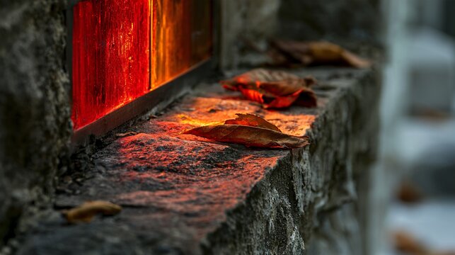 A narrow stained-glass panel in ruby and burnt amber illuminates a weathered stone ledge covered with a few dry leaves, creating a restrained seasonal study of colored light and texture