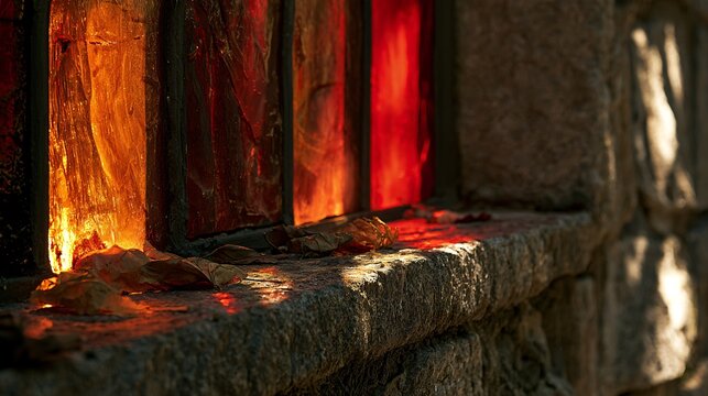 A narrow stained-glass panel in ruby and burnt amber illuminates a weathered stone ledge covered with a few dry leaves, creating a restrained seasonal study of colored light and texture
