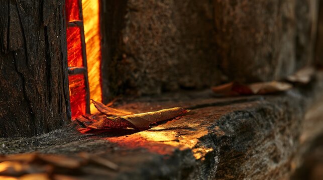 A narrow stained-glass panel in ruby and burnt amber illuminates a weathered stone ledge covered with a few dry leaves, creating a restrained seasonal study of colored light and texture