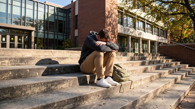 A distressed young man sits alone on concrete steps outside a brick building, head in hands.