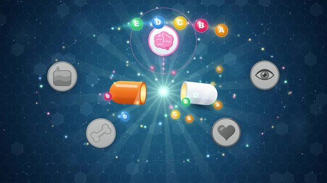 Vitamin capsule bursts open and glowing vitamin A, B, C, D, E particles orbit organ icons, 4K animation