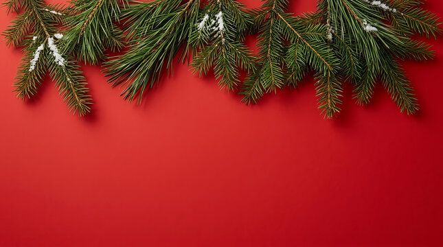 Pine branches with light snow rest against a vibrant red background needles evergreen foliage conifer fir spruce frost winter holiday christmas seasonal festive