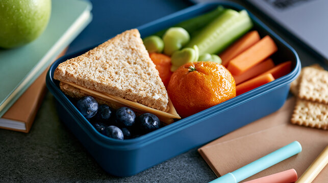 Healthy school lunchbox with sandwich, blueberries, mandarin, cucumber, carrots and crackers beside pastel stationery, with copy space