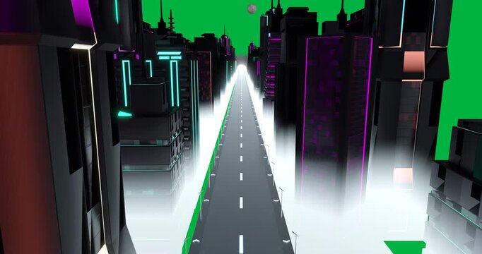Animation of neon car driving in lit cityscape on transparent background