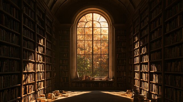 Dark wooden library shelves rise toward a vaulted ceiling while a tall arched window reveals orange foliage outside, creating a sophisticated autumn atmosphere with large shadowed areas