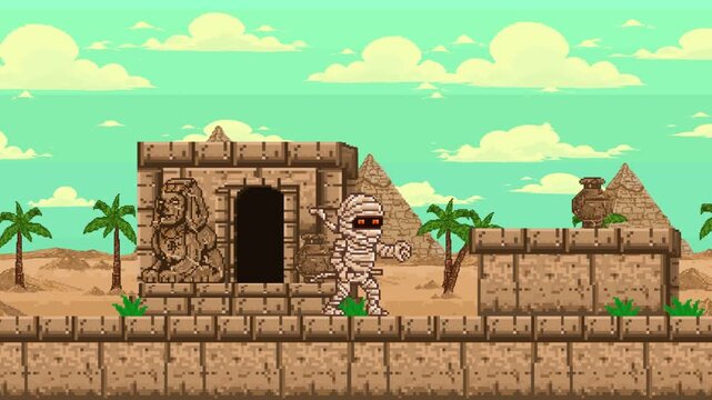 Pixel art retro game animation of a mummy enemy walking past an ancient Egyptian stone temple and pyramids in the desert, 2D vintage side-scroller.