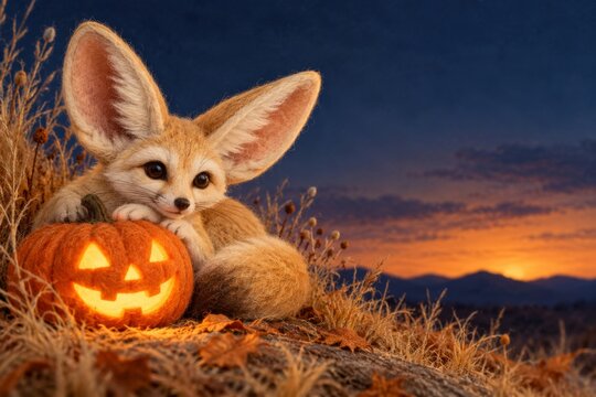 Adorable Fennec Fox Resting Beside Glowing Halloween Pumpkin Lantern in Desert Landscape at Sunset