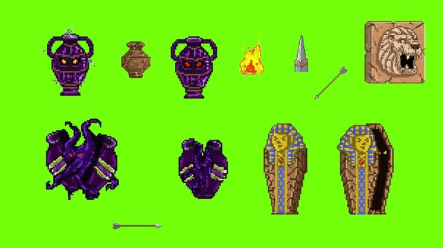 Pixel art retro game asset animation featuring ancient Egyptian props, cursed purple urn, pharaoh sarcophagus coffin, spike traps and arrows, isolated, green background, art.