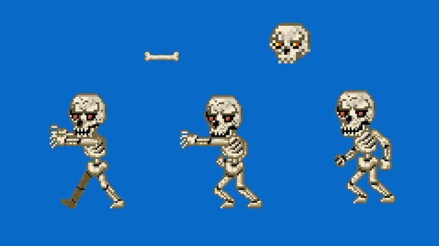 Pixel art retro game sprite sheet animation of a skeleton enemy with skull and bone projectile attacks, monster character movement isolated on blue screen background.