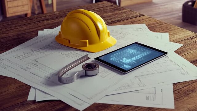 60 FPS Slow push in on yellow hard hat tablet blueprint plans and tape measure on wooden desk