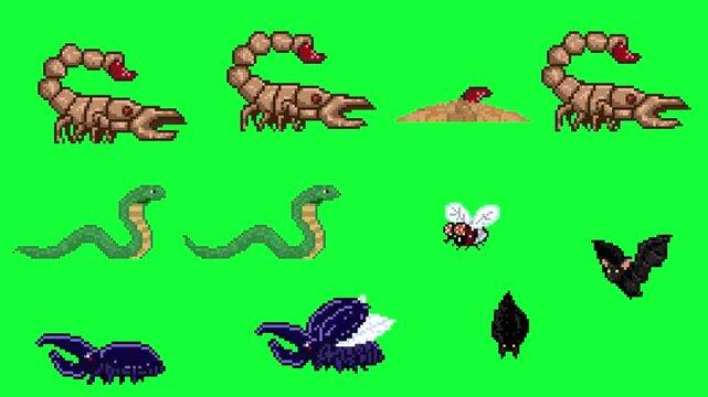 Pixel art retro game sprite sheet animation of desert enemies, including giant scorpion, snake, flying bat and beetle, isolated on green screen.