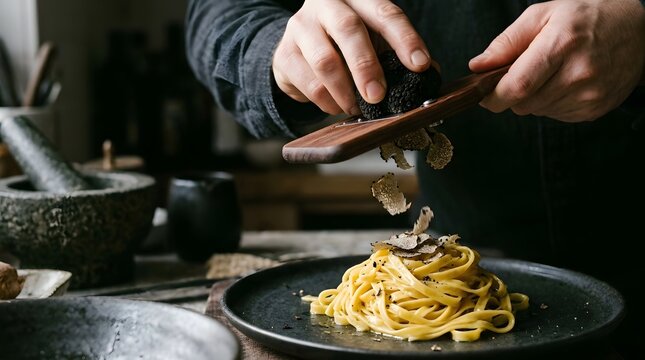 Chef shaving fresh black truffle over homemade tagliatelle pasta on dark ceramic plate