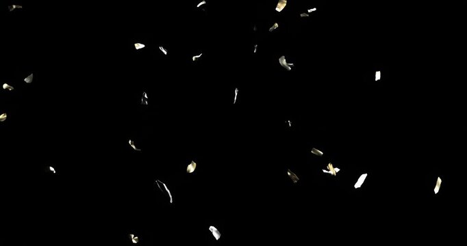 Reflective fragments receiving impulse rotating down and scattering across transparent background