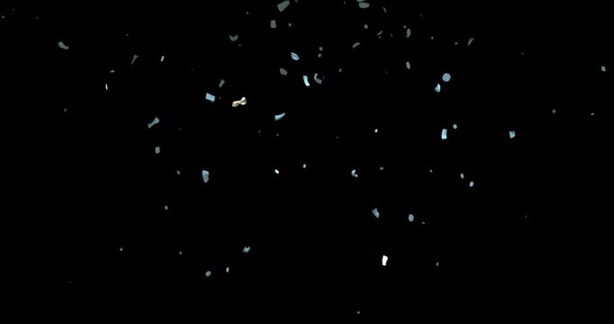 Fragments dropping from top, rotating and scattering across transparent space to depict confetti
