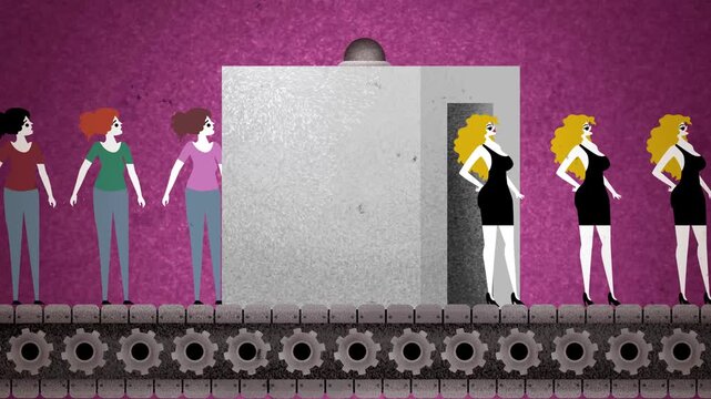 machine transforming ordinary women into voluptuous conventionally attractive models