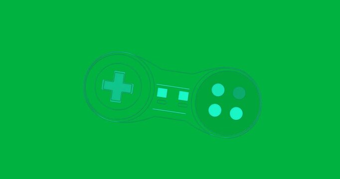 Retro gaming pad floating on transparent background, showing cyan line-art with animated buttons