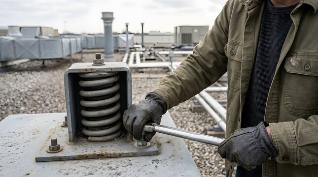 Technician using socket wrench to tighten vibration isolator spring mount on rooftop