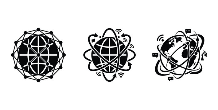 abstract network globe icons with connectivity and data flow symbols isolated on transparent background