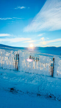 Aerial view of a snow-covered wooden fence in the Cairngorms National Park with a bright sun on the horizon and vast snowy hills under a clear blue sky in Scotland, United Kingdom.