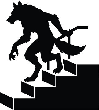 Fierce black silhouette of a werewolf descending wooden stairs with cautious pose for Halloween horror fantasy vector graphic design element