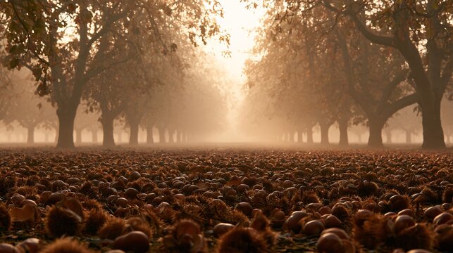 A misty chestnut orchard at sunrise shows long parallel rows of trees fading into pale fog, while scattered nuts and open burrs across the foreground indicate the beginning of harvest day