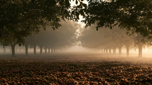 A misty chestnut orchard at sunrise shows long parallel rows of trees fading into pale fog, while scattered nuts and open burrs across the foreground indicate the beginning of harvest day