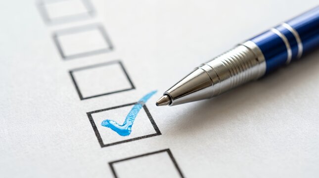 Professional checklist with blue pen and checkmark, business survey form for evaluation, task management and quality control concept