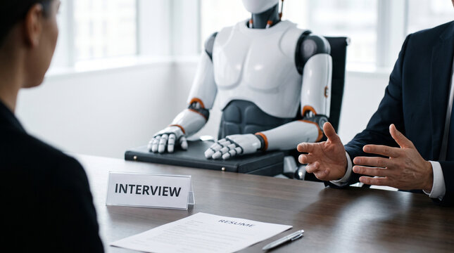 Faceless HR manager interviewing human job applicant and humanoid robot candidate at desk in modern office