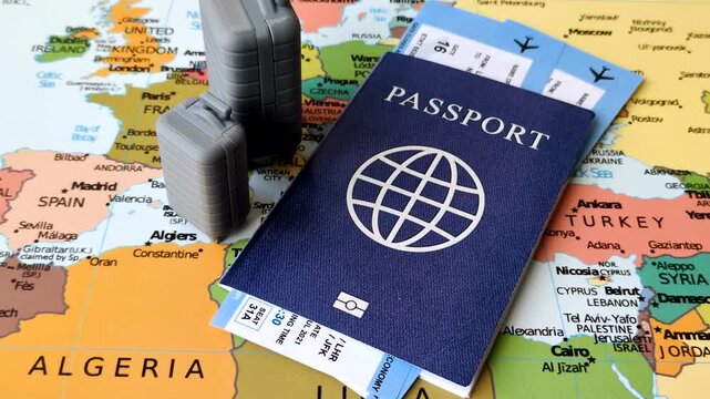 Two suitcases on a map representing the concept of travel, emigration, or air travel