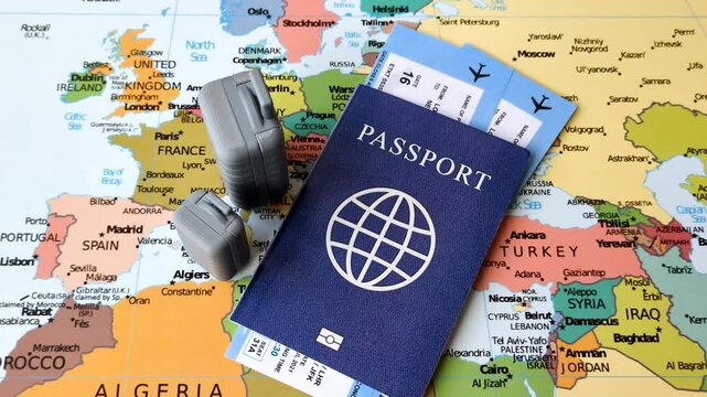 Two suitcases on a map representing the concept of travel, emigration, or air travel