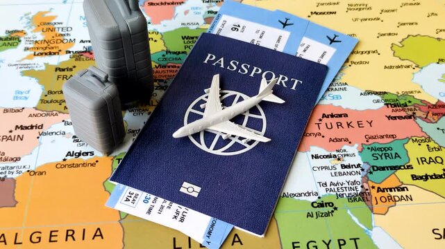 Two suitcases on a map representing the concept of travel, emigration, or air travel