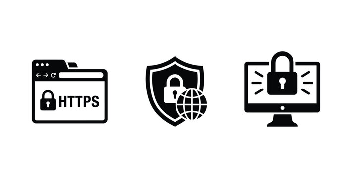 security icons featuring HTTPS web browser lock shield and computer monitor with padlock symbols for online safety and encryption